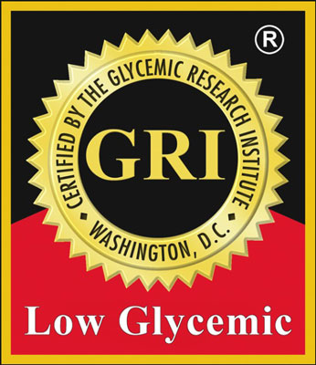 Auswahl von verpackten Lebensmitteln mit niedrigglykämischen Zertifizierungssiegeln